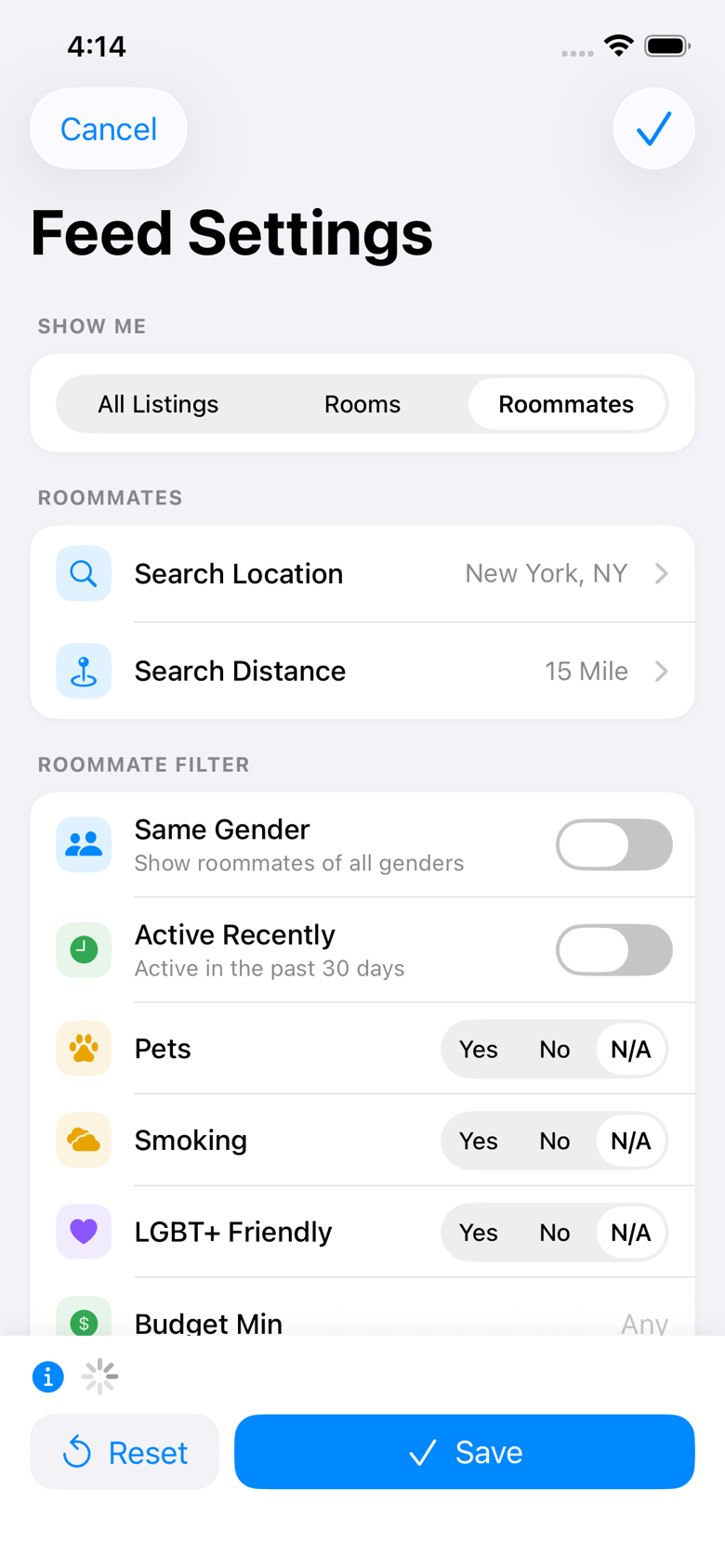 The Feed Settings screen, with the Show Me selector at the top and the Search Location and Search Distance rows below it
