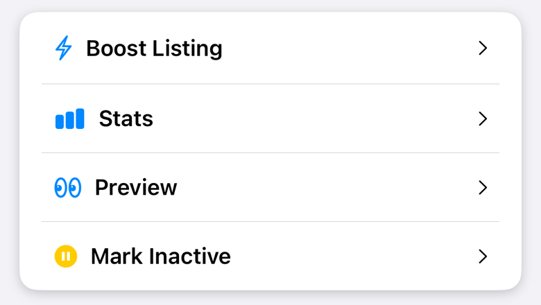 The actions on a listing you own: Boost Listing, Stats, Preview, and Mark Inactive
