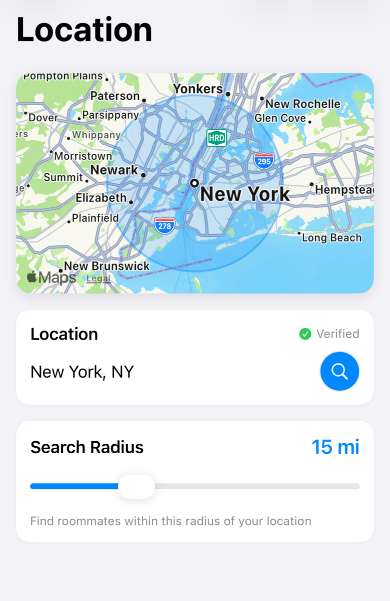 The Location screen: a map with a circle around New York, the location card, and a Search Radius slider set to 15 miles