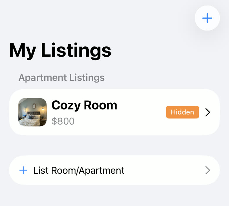 The My Listings screen showing a listing named "Cozy Room" at $800 with an orange Hidden badge
